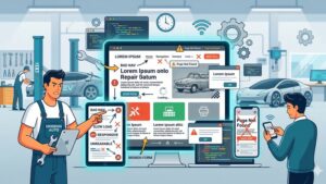 Современная иллюстрация ошибок дизайна сайта автосервиса в футуристическом стиле для блога IQ Крым